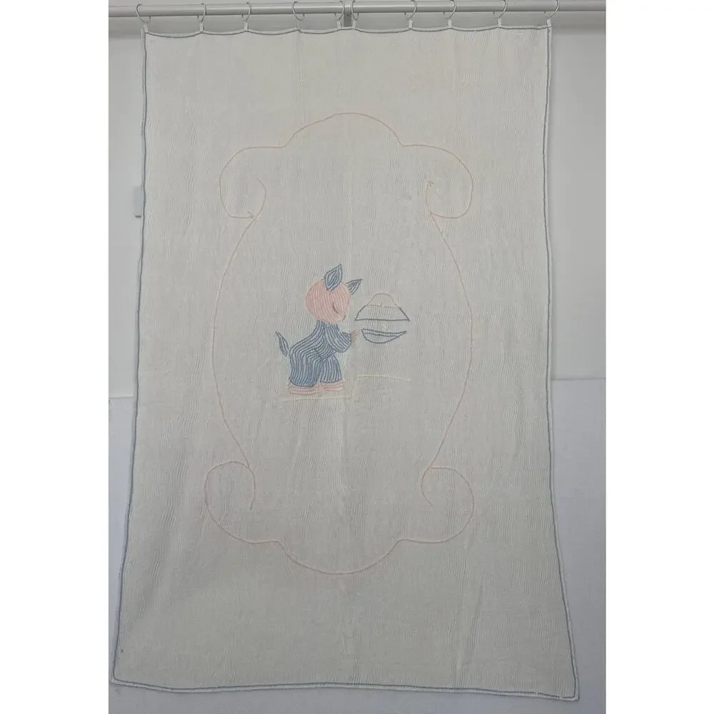 Vintage 1940s–1950s Baby Chenille Crib Blanket 40x61 Blue Pink Kitten Nursery